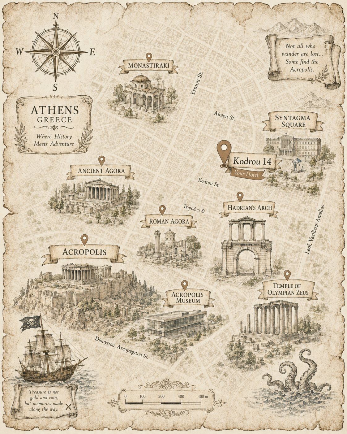 Illustrated treasure map of central Athens with The Kodrian and nearby landmarks